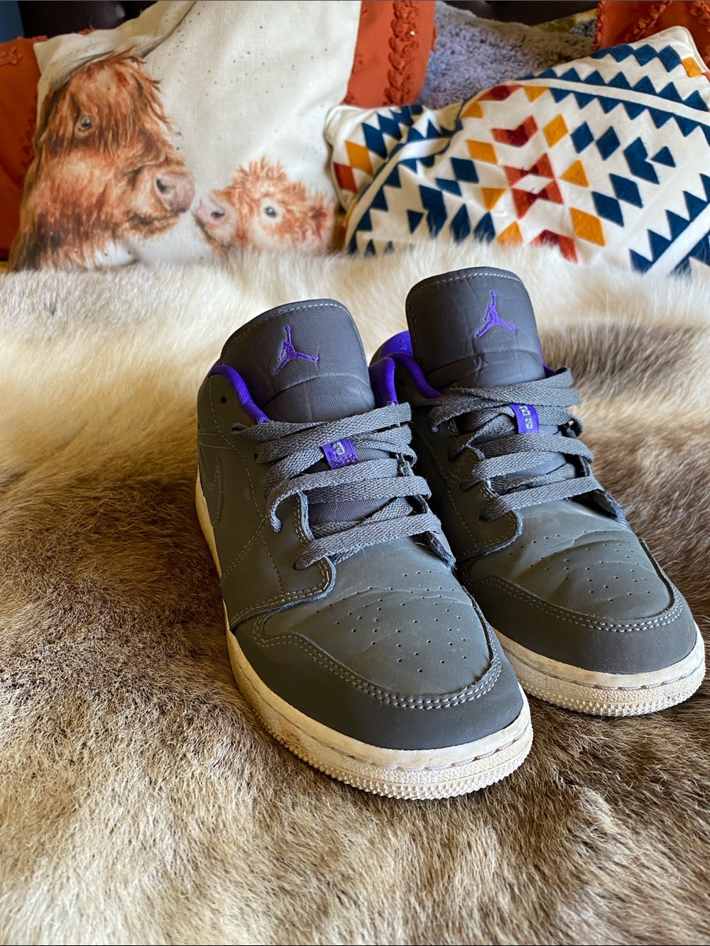Air Jordan Low Top Sneakers in Gray with Purple Accents